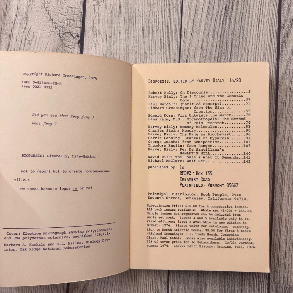 Biopoesis Io 20 1974 Harvey Bialy Robert Kelly Literary Journal Poetry Rare
